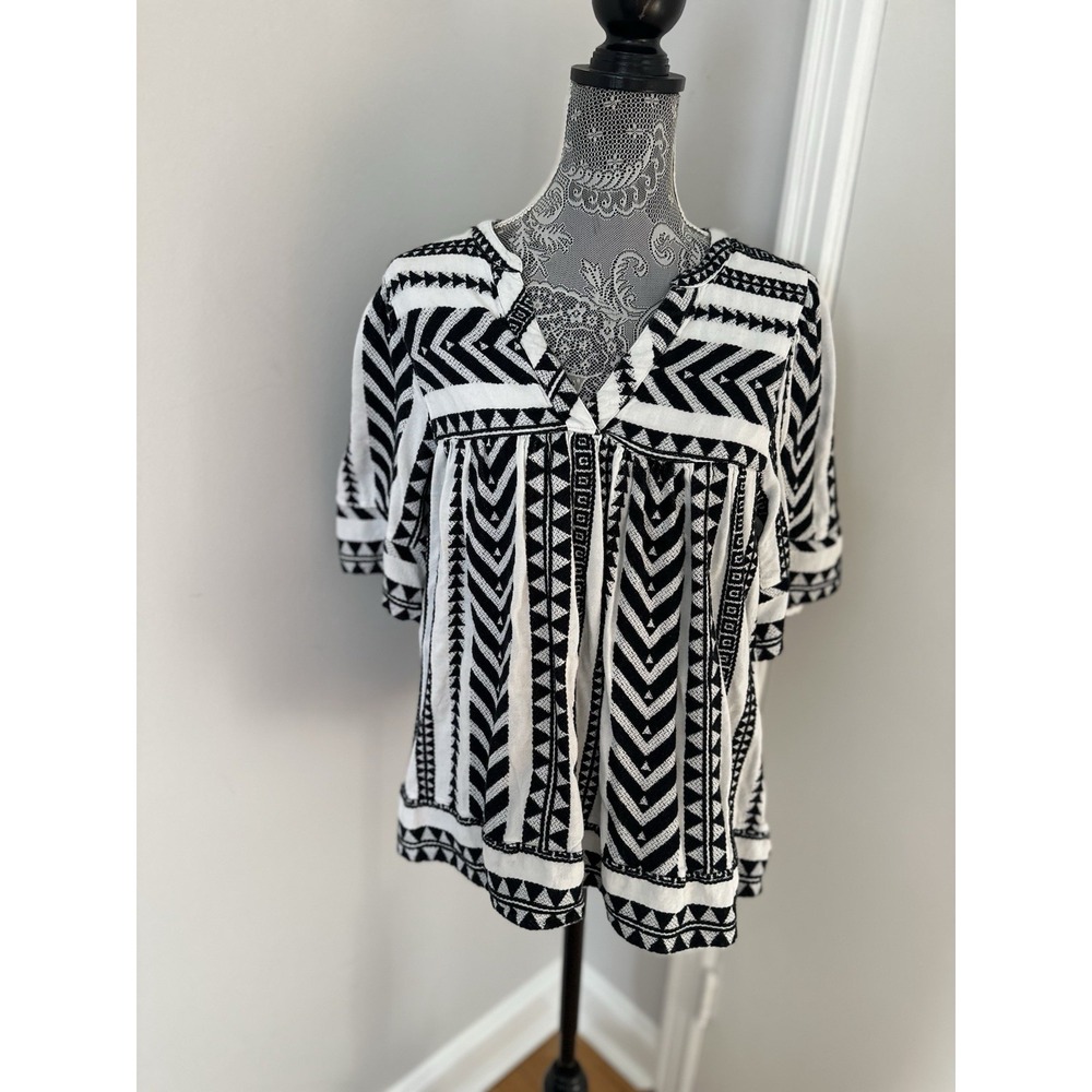 Old Navy Boho Aztec Geometric Bell Sleeve Top Sz: L Tall Black White Blouse